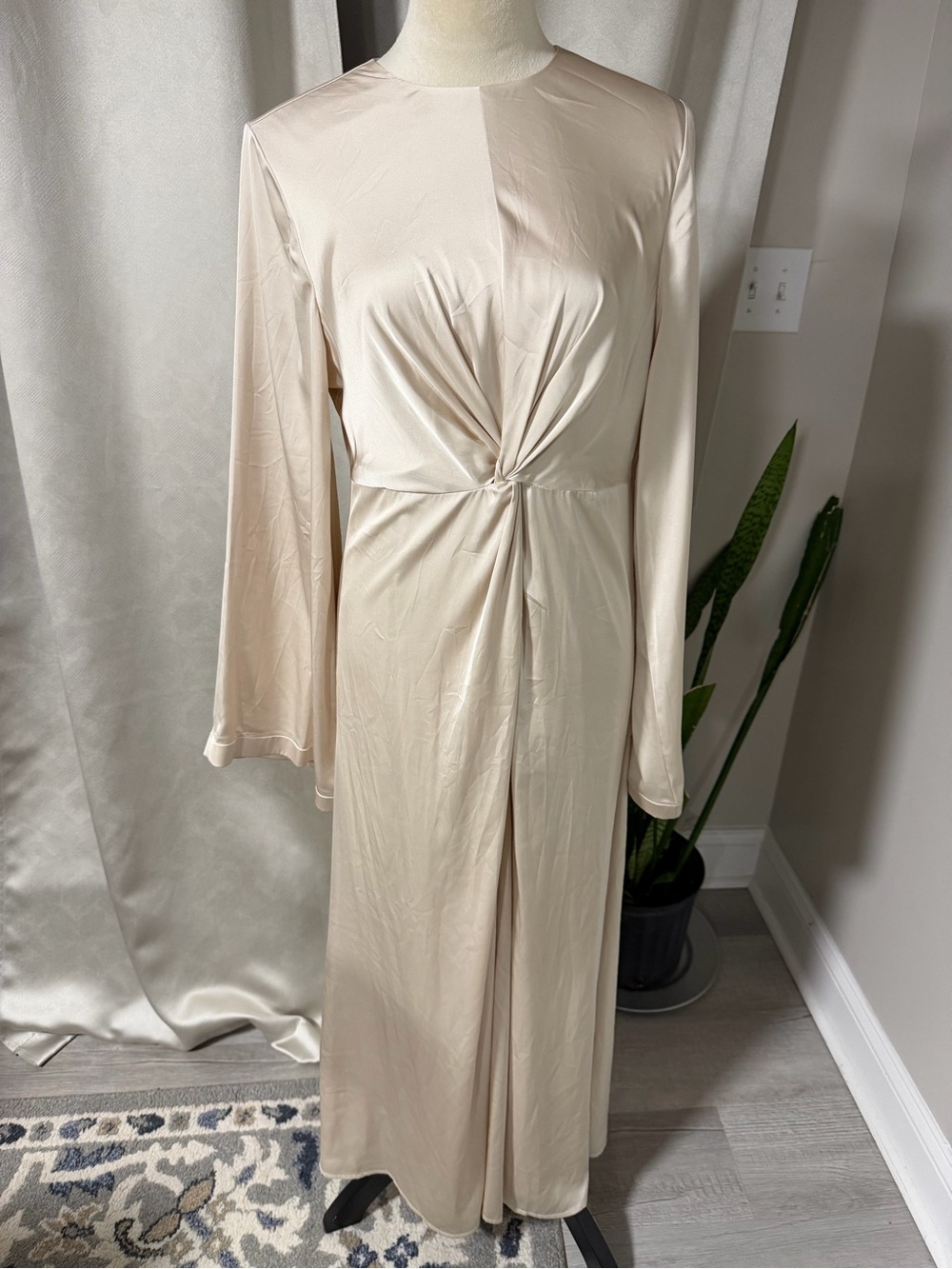 Cream Long Sleeve Twist-Front Maxi Dress